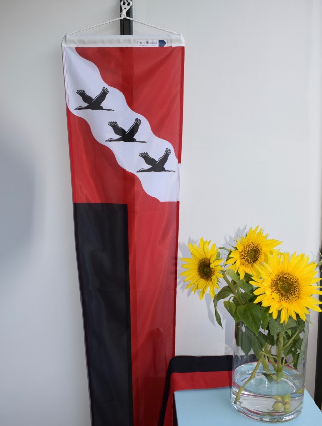 Isännänviiri. Saatavilla kahta kokoa, 3m ja 4m. Yleisohjeena viirin pituus on puolet tangon pituudesta.